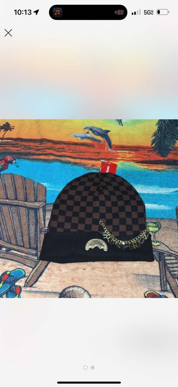 Sprayground Brown Checkered Beanie with Gold Chain Detail